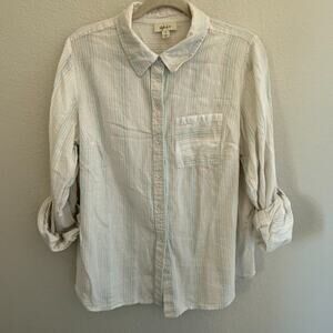 Style & Co Womens 1X White Blue Pink Striped Roll Tab Long Sleeve Button Up